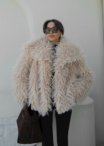 Bej Uzun Kollu Salaş Midi Kürk Ceket - Görsel 2