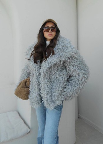 Bej Uzun Kollu Salaş Midi Kürk Ceket - Görsel 3