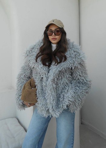 Bej Uzun Kollu Salaş Midi Kürk Ceket - Görsel 4