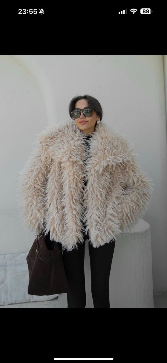 Bej Uzun Kollu Salaş Midi Kürk Ceket - Görsel 2