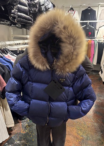 Kürklü Mavi Mini Kışlık Kadın Mont - Görsel 6