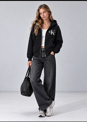 Calvin Klein Siyah Kapusonlu Fermuarli Sweatshirt