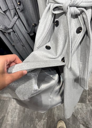 Bershka Gri Kuşaklı Çift Düğmeli Kaban