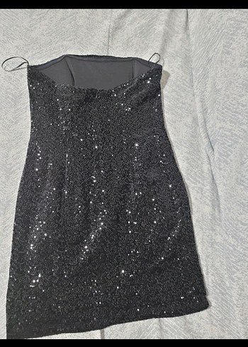 Siyah Payetli Mini Straplez Abiye Elbise - Görsel 4