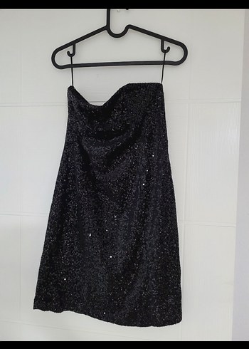 Siyah Payetli Mini Straplez Abiye Elbise - Görsel 3