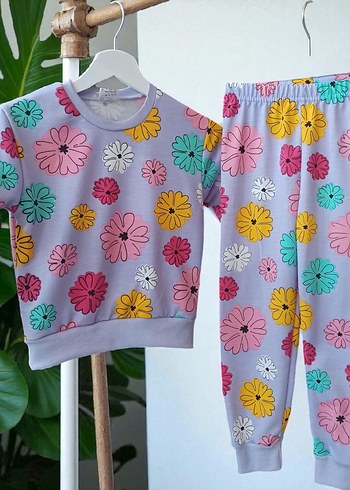 10 Yaş Beden Çiçek Desenli Pembe Kız çocuk pijama Takımı