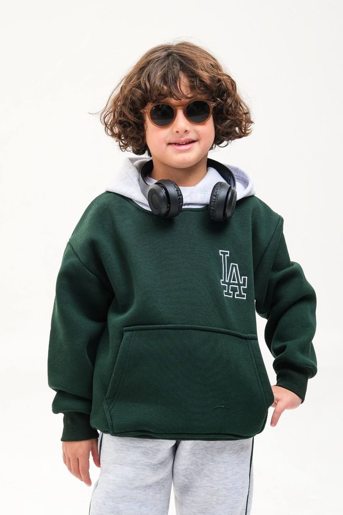 Erkek kız Çocuk Kapüşonlu Gri Sweatpant ve Yeşil Sweatshirt - Görsel 3