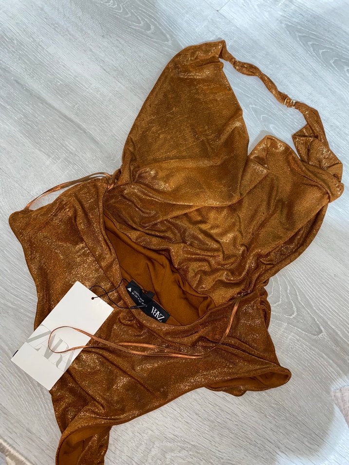 Drapeli Parlak Kahverengi Kadın zara bluz - Görsel 2