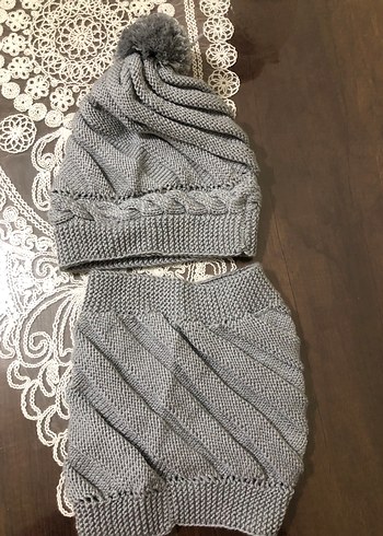 Gri El Örgüsü Kadın Bere Ve Boyunluk - Görsel 2