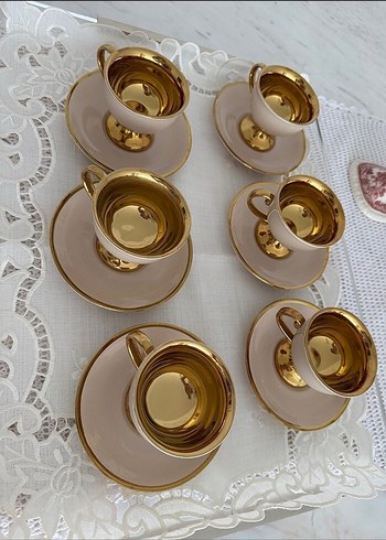Bej ve Altın Detaylı 6'lı Kahve Fincanı Takımı