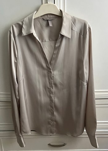 Bej Kadın Düğmeli Saten Gömlek - Görsel 3