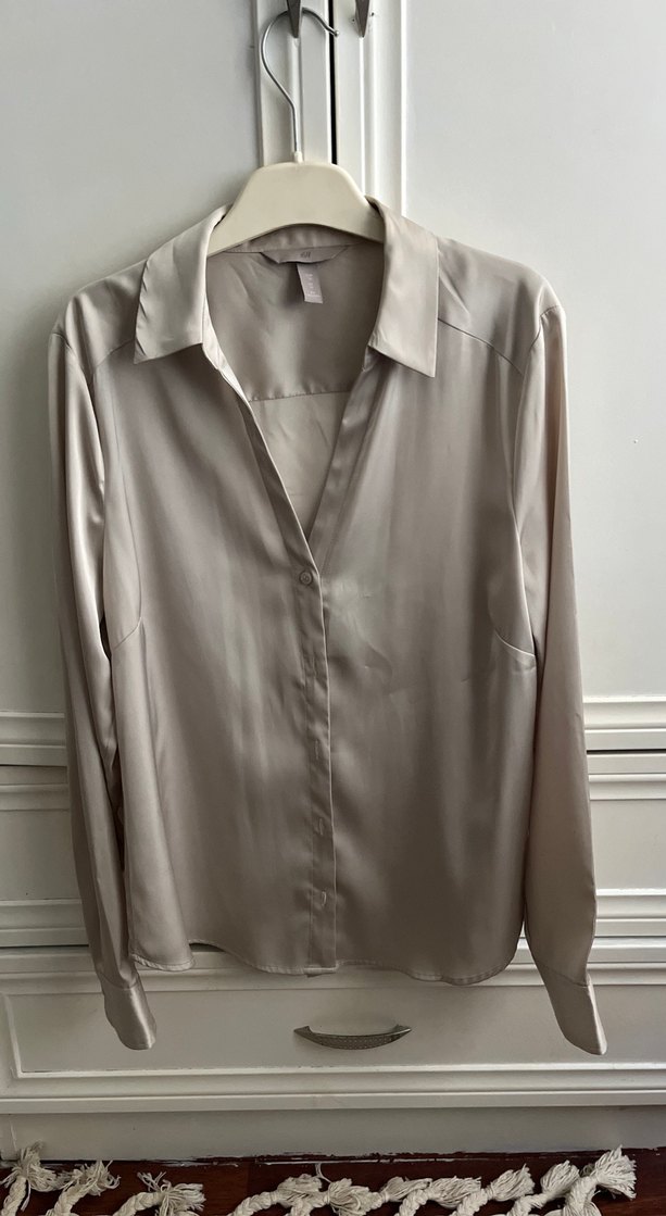 Bej Kadın Düğmeli Saten Gömlek - Görsel 3