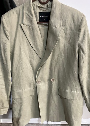 Kadın Bej Keten Düğmeli Blazer Ceket - Görsel 3