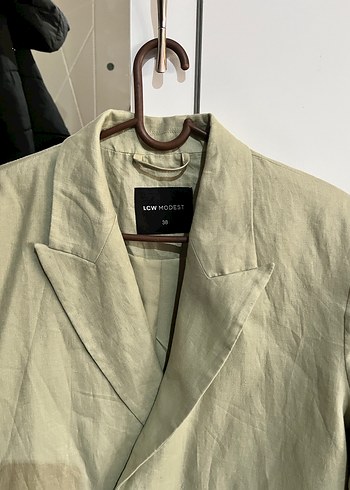 Kadın Bej Keten Düğmeli Blazer Ceket - Görsel 5