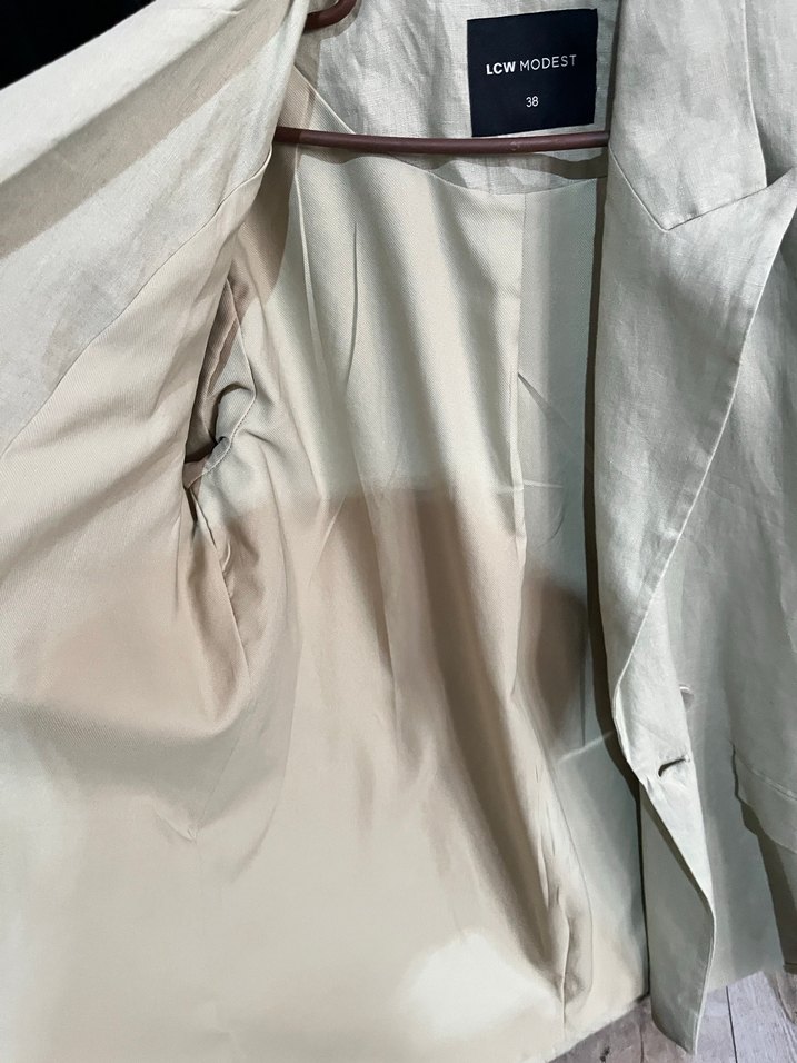 Kadın Bej Keten Düğmeli Blazer Ceket - Görsel 4