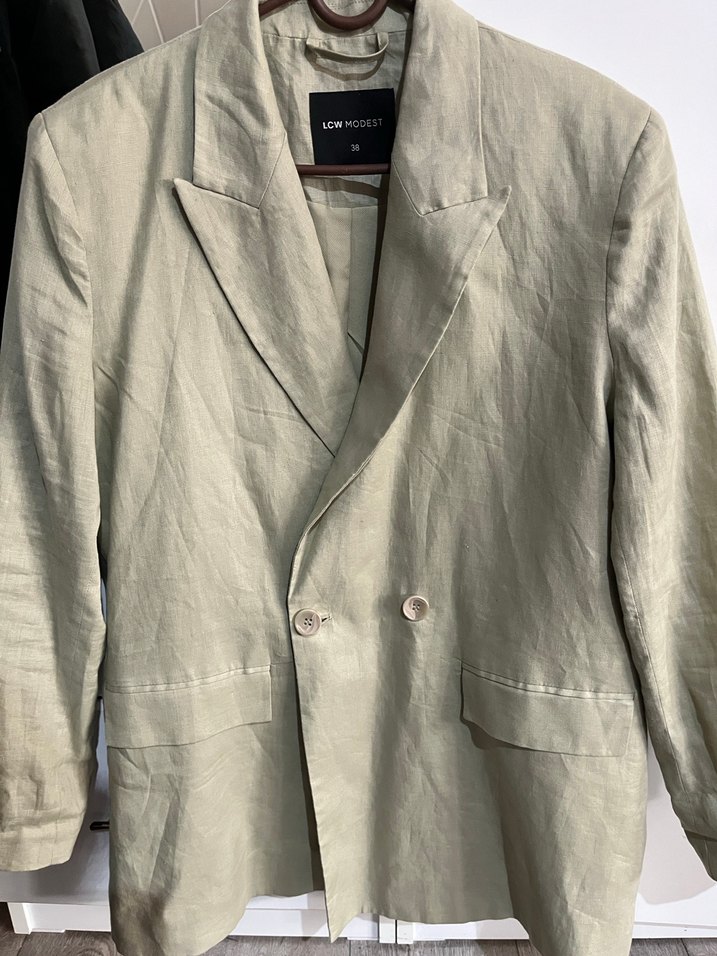 Kadın Bej Keten Düğmeli Blazer Ceket - Görsel 3