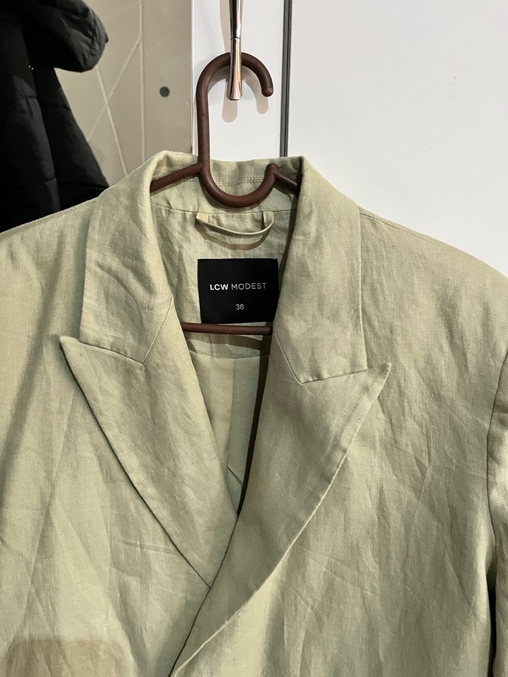 Kadın Bej Keten Düğmeli Blazer Ceket - Görsel 5