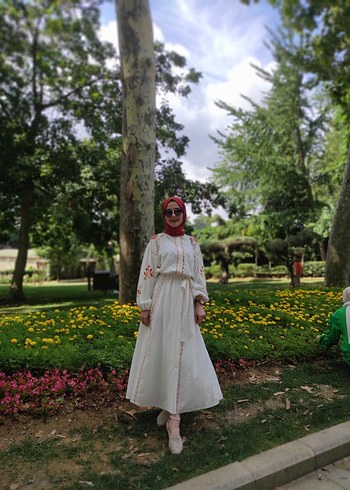 Etnik Desenli Beyaz Bohem Uzun Elbise
