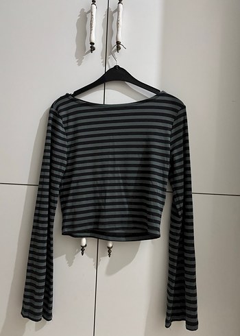 Gri siyah Çizgili kolları geniş bady - Görsel 4