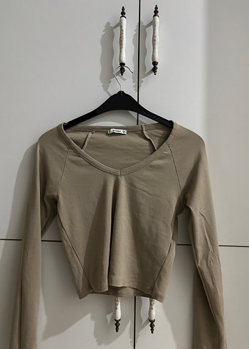 Bej V Yaka Uzun Kollu Kadın Bluz - Görsel 3