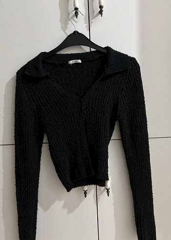 Siyah V Yaka Örgü Kadın Hırka - Görsel 3