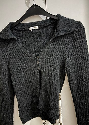 Siyah V Yaka Örgü Kadın Hırka - Görsel 4