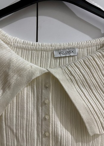 Pileli Yakalı Beyaz Mini Triko şık Kazak - Görsel 2