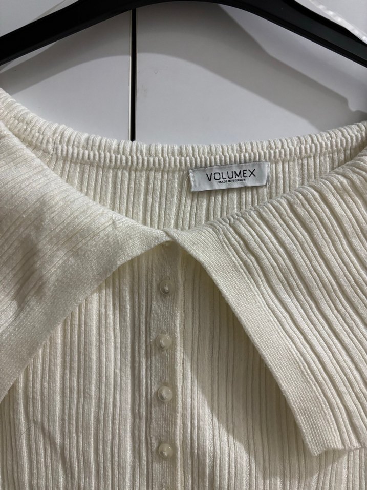 Pileli Yakalı Beyaz Mini Triko şık Kazak - Görsel 2