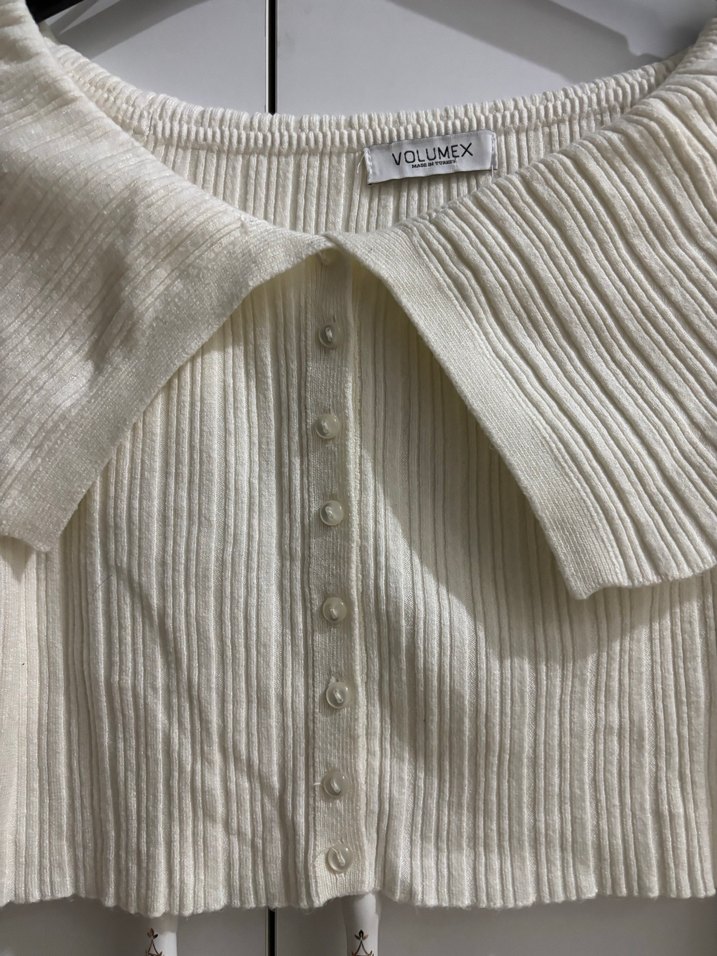 Pileli Yakalı Beyaz Mini Triko şık Kazak - Görsel 3