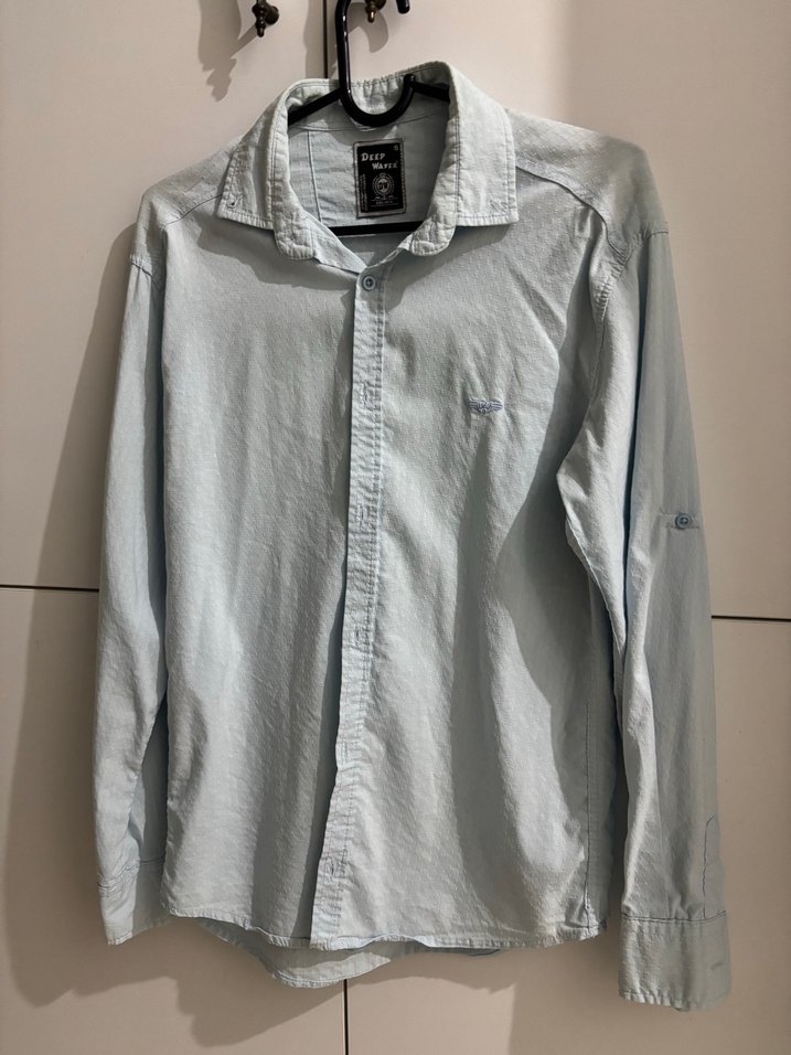 Buz mavi Erkek Keten Uzun Kollu Gömlek - Görsel 4