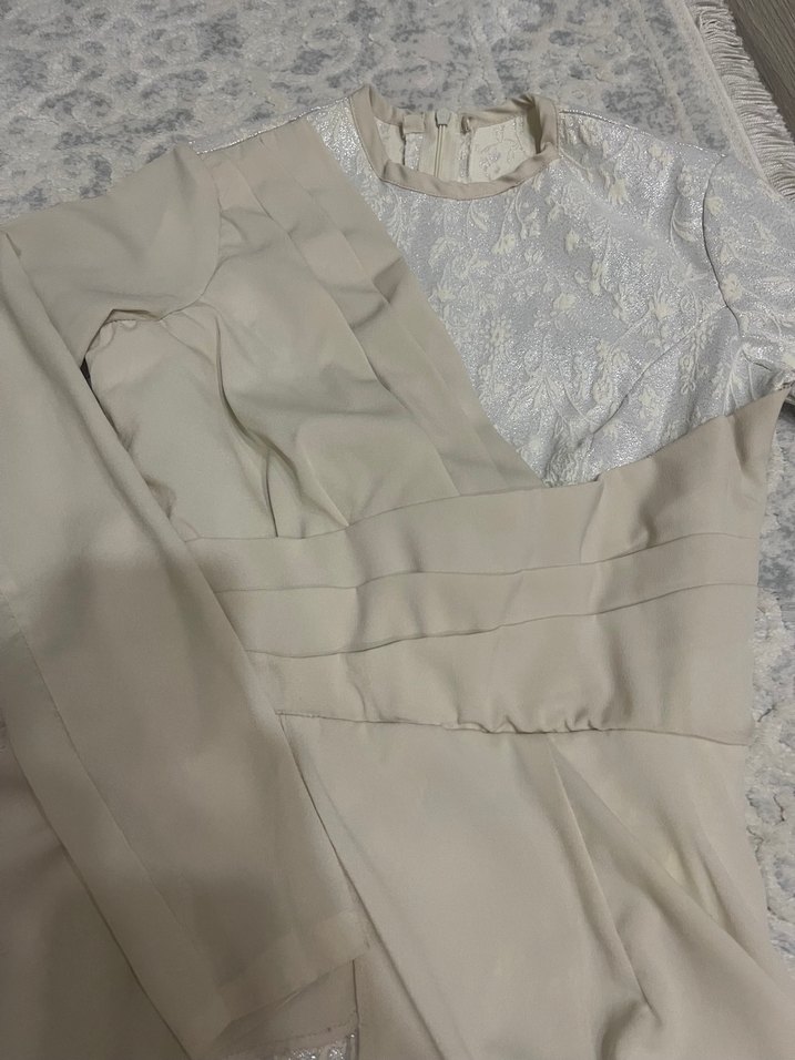 Uzun Kollu Beyaz Bohem Abiye Elbise - Görsel 4