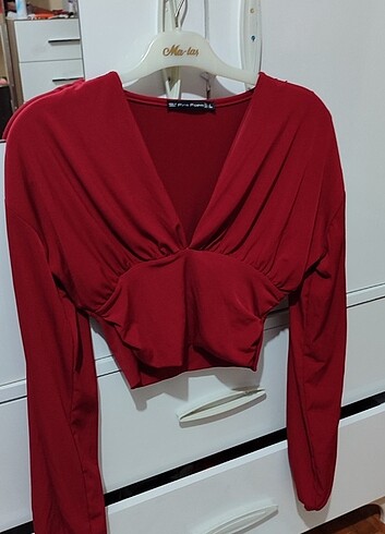 l Beden Kırmızı crop uzun kollu bluz