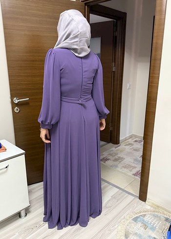 Mor Uzun Drapeli Tesettür Abiye Elbise - Görsel 6