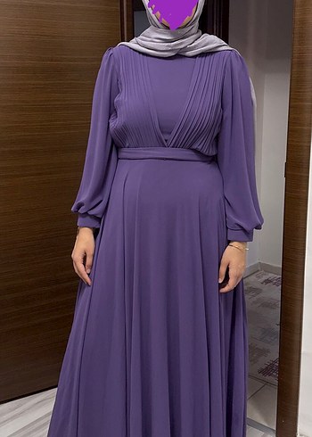 Mor Uzun Drapeli Tesettür Abiye Elbise - Görsel 5