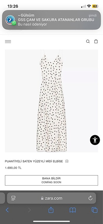 xs Beden Puantiyeli saten yüzeyli midi elbise
