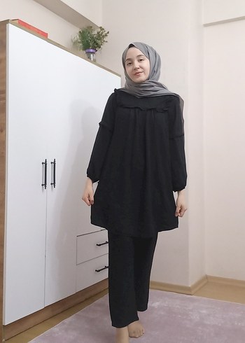 Zara Siyah Keten Kadın Takım Elbise, Yüksek Yaka, Uzun Kollu