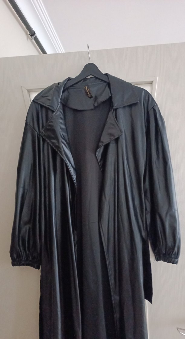 siyah uzun deri trenç - Görsel 5