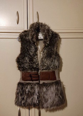 Kürk Detaylı Kahverengi Deri Kadın Yelek - Görsel 2