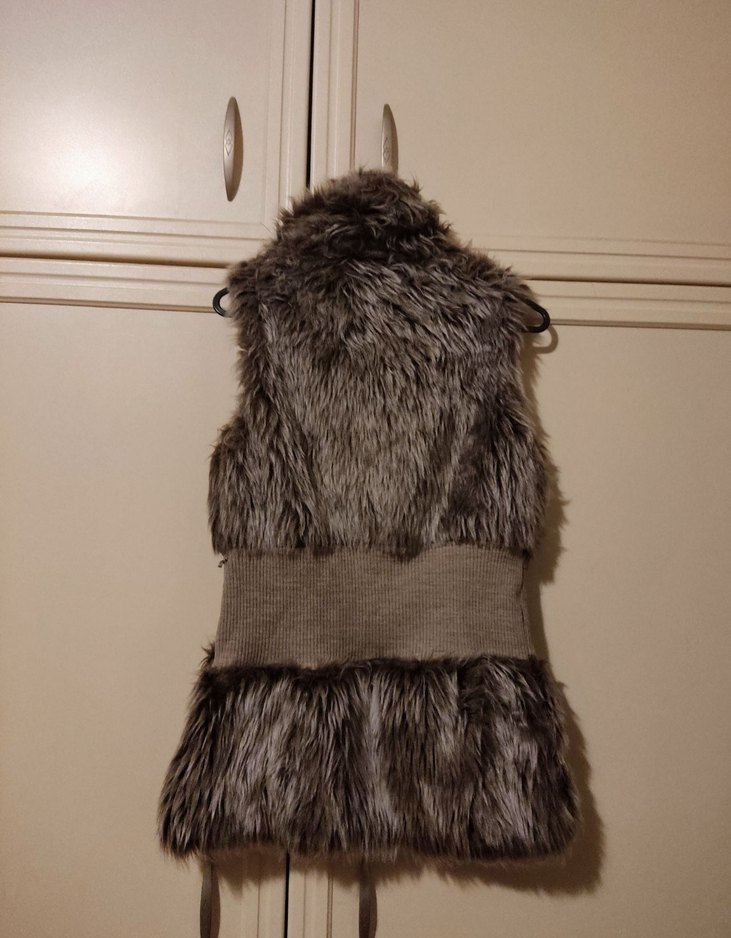 Kürk Detaylı Kahverengi Deri Kadın Yelek - Görsel 3