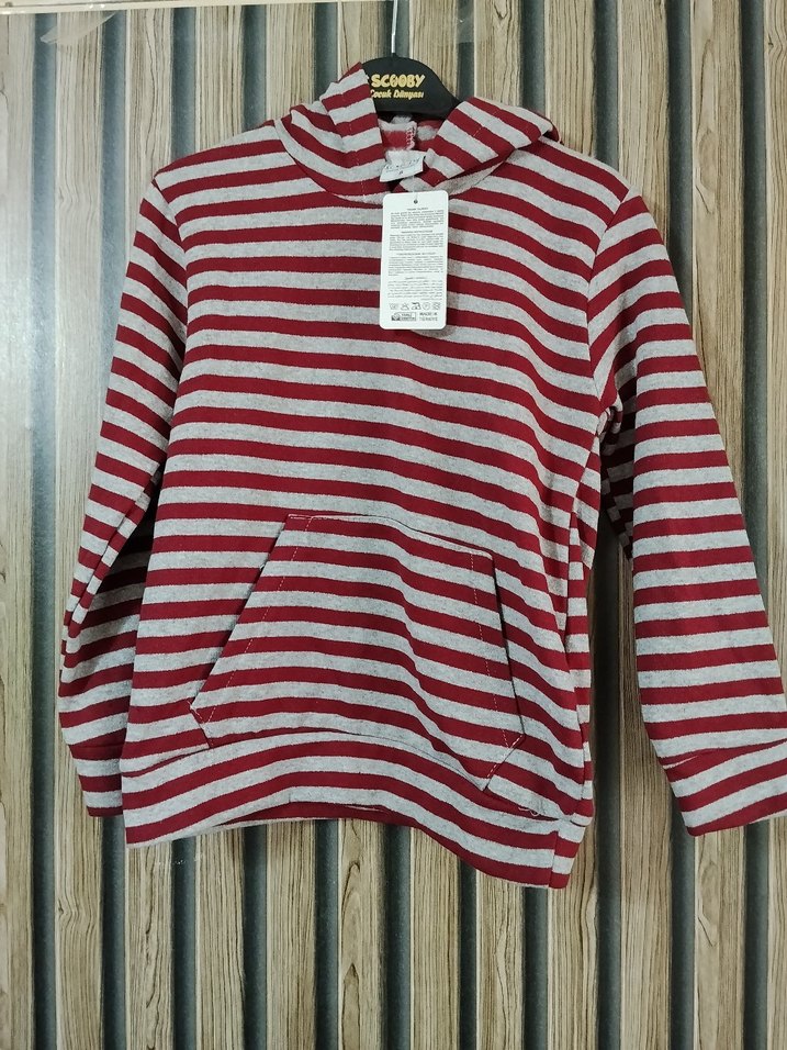 Erkek Çocuk Çizgili Gri Kapüşonlu Sweatshirt - Görsel 3