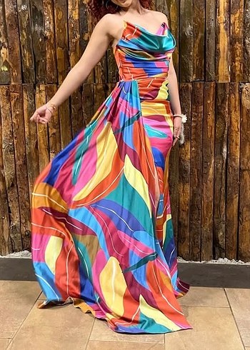 Renkli Drapeli Uzun Straplez Kadın Elbise - Görsel 2