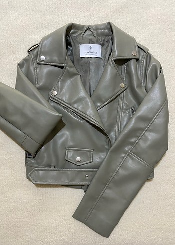 Kadın Haki Deri Biker Ceket