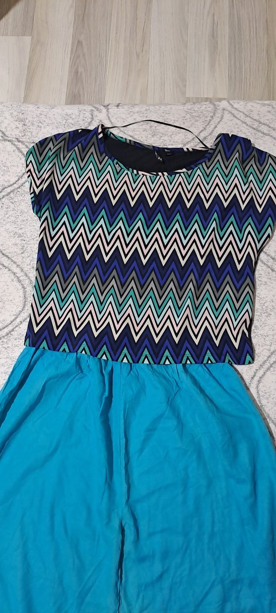 Mavi Bol Kesim Bohem Kadın Pantolon ve - Görsel 2