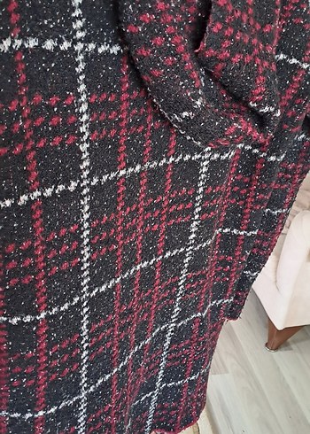 Bordo Ekose Desenli Uzun Triko Kadın Kaban - Görsel 5