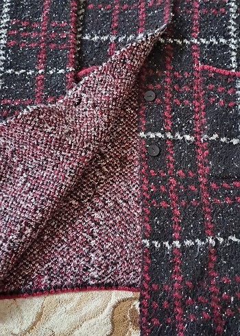 Bordo Ekose Desenli Uzun Triko Kadın Kaban - Görsel 3