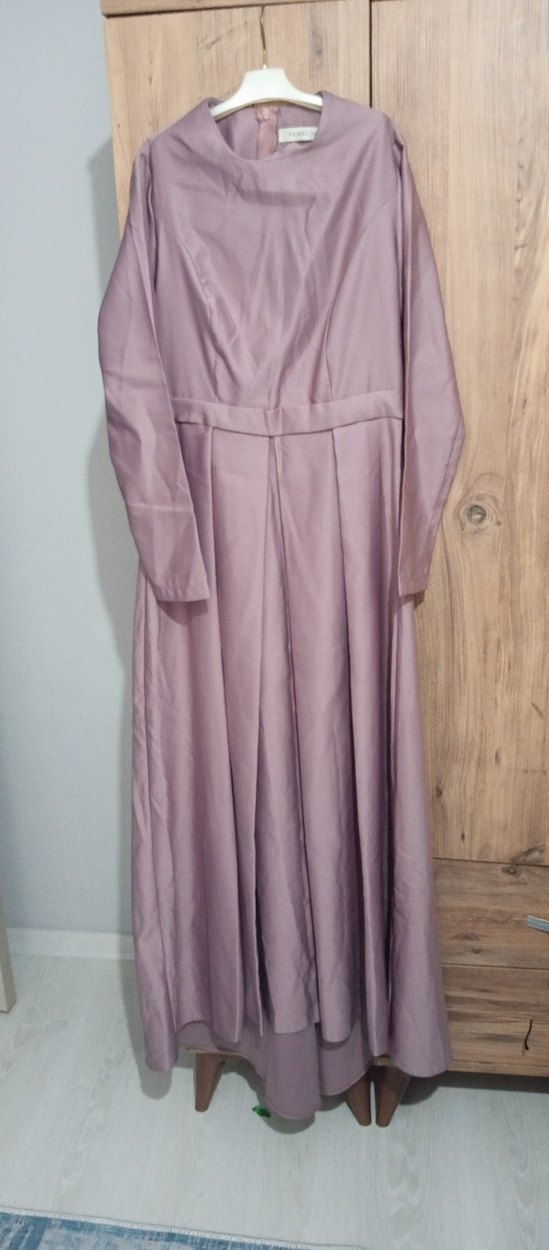 lila Uzun Kollu Pileli Kadın Elbise - Görsel 5