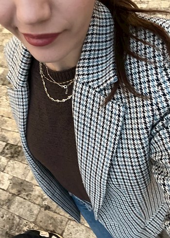 Zara Düz Kesim Kazayağı Desenli Kadın Blazer Ceket - Görsel 5