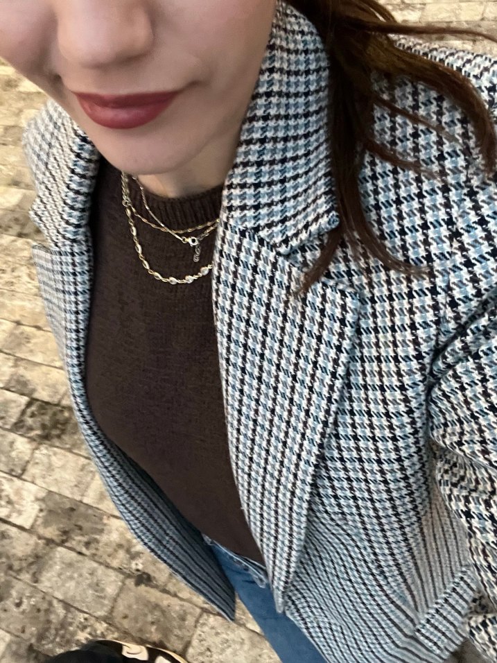 Zara Düz Kesim Kazayağı Desenli Kadın Blazer Ceket - Görsel 5