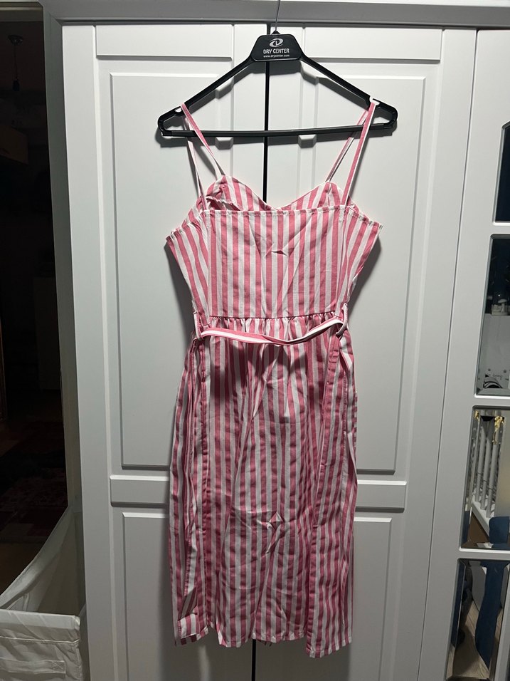 Pembe Çizgili Düğmeli Midi Elbise - Görsel 3