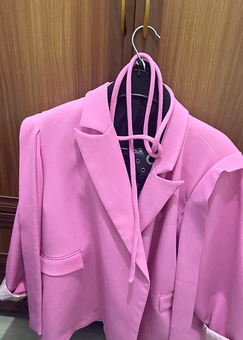 m Beden Uzun Kesim Pembe Kadın Blazer Ceket